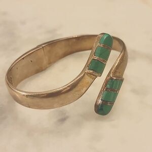 Signed Vintage Mexico Taxco Malachite 925 Sterling Silver Bangle Bracelet Cuff